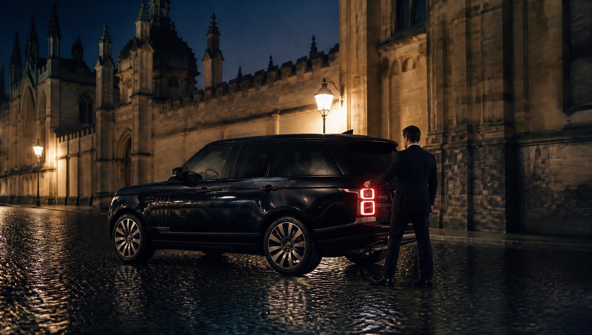 Black Range Rover with chauffeur on an Oxford street at night